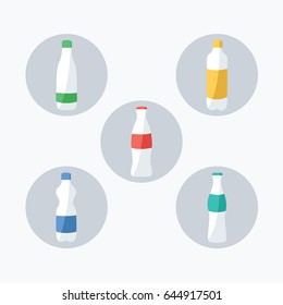simple isolated modern different flavors flat design style & blank colorful label. glass & plastic bottle in rounded circle button. soda, mineral water & cola vector cartoon.