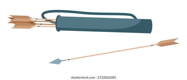 Carcaj aislado simple que sostiene las flechas y una sola flecha sobre fondo blanco Ilustración vectorial