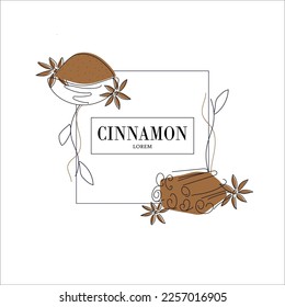 Simple isolated seasoning packaging design, cinnamon flavored. Juicy line drawing for label. Freehand vector illustration isolated on white background.