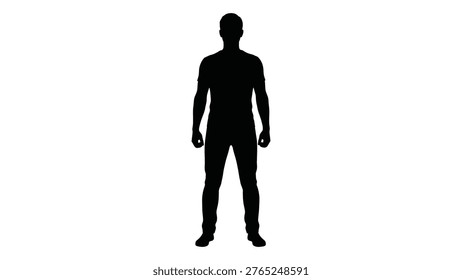 Simple, isolated silhouette of a man standing centrally, emphasizing form and shadow against a bright background.