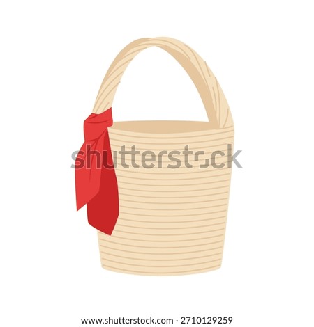Simple isolated straw beach bag with a red scarf accent on a white background vector illustration