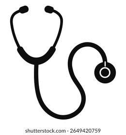 Simple isolated vector of a black stethoscope used by medical professionals, including doctors and nurses, on a white background with a transparent backdrop.