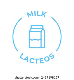 Simple Isolated Vector Logo Badge Ingredient Warning Label. Colorful Allergens icons. Food Intolerance Milk. Written in Spanish and English