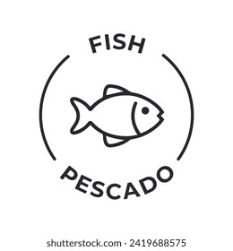 Simple Isolated Vector Logo Badge Ingredient Warning Label. Allergens icons. Food Intolerance Fish. Written in Spanish and English