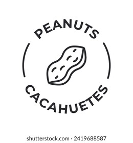 Simple Isolated Vector Logo Badge Ingredient Warning Label. Allergens icons. Food Intolerance Peanuts. Written in Spanish and English
