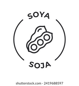 Simple Isolated Vector Logo Badge Ingredient Warning Label. Allergens icons. Food Intolerance Soya. Written in Spanish and English