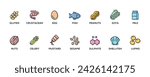 Simple Isolated Vector Logo Set Badge Ingredient Warning Label. Colorful Allergens icons. Food Intolerance. The 14 allergens required to declare written in English