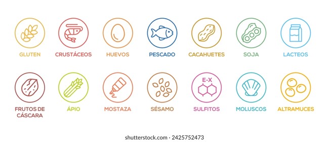 Conjunto de logotipo de vector aislado simple Etiqueta de advertencia de ingrediente de insignia. Iconos de alérgenos de colores. Intolerancia A Los Alimentos. Los 14 alérgenos requeridos para declarar escritos en español