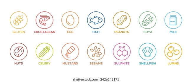 Simple Isolated Vector Logo Set Badge Ingredient Warning Label. Colorful Allergens icons. Food Intolerance. The 14 allergens required to declare written in english