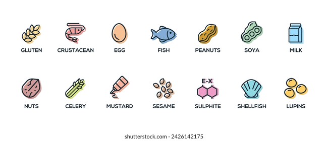 Simple Isolated Vector Logo Set Badge Ingredient Warning Label. Colorful Allergens icons. Food Intolerance. The 14 allergens required to declare written in English