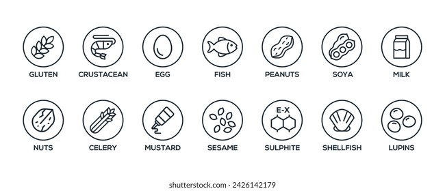 Simple Isolated Vector Logo Set Badge Ingredient Warning Label. Black and white Allergens icons. Food Intolerance. The 14 allergens required to declare written in english svg