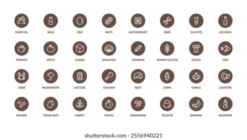 Simple Isolated Vector Logo Set Badge Ingredient Warning Label. Black and white Allergens icons. Food Intolerance. 32 allergens icon