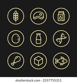 Simple Isolated Vector Logo Set Badge Ingredient Warning Label. Black and white Allergens icons. Food Intolerance. allergens icon