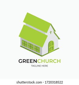 simple isometric cathedral. green church logo. religion sign