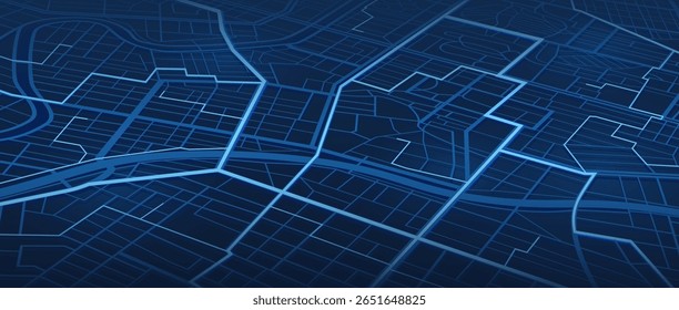 Simple isometric city plan. Abstract city map urban streets and road networks. Travel route planning and map navigation concepts. Flat vector illustration