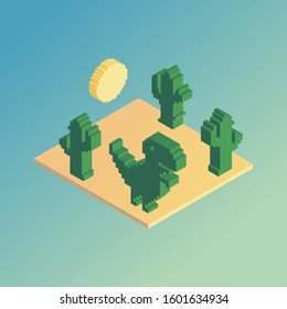 Simple isometric desert dinosaur scene. Funny vector pixel illustration