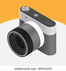 Simple isometric digital photo camera with lens on the body.