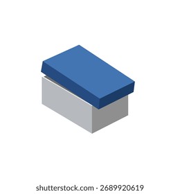 Caixa retangular cinza isométrica simples com tampa azul brilhante parcialmente aberta mostrando espaço de armazenamento