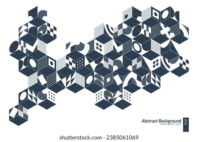 Simple Isometric Growth Pattern. Line Geometric Abstract Background, Cube, 3d Box, Square and Hexagon Shape Grid. Architecture Graphic Design. Cover, Poster or Vintage Banner. Monochrome Vector