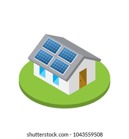 Simple Isometric House With Solar Roof Panels, Isolated White Background