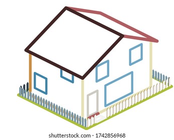 Simple isometric house with yard & picket fence