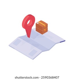 A simple isometric icon of a location pin placed on a map with a shipping box.