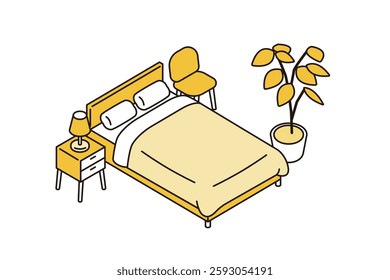 Simple isometric illustration of a bedroom with a double bed and a houseplant