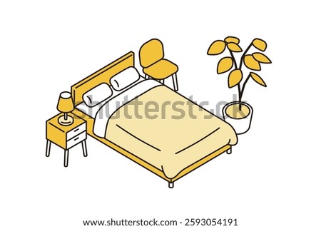 Simple isometric illustration of a bedroom with a double bed and a houseplant