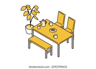 Simple isometric illustration of a dining table set and houseplants during a tea break