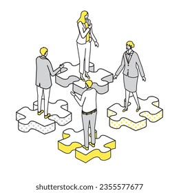 A simple isometric illustration of a disjointed business team with a puzzle motif.