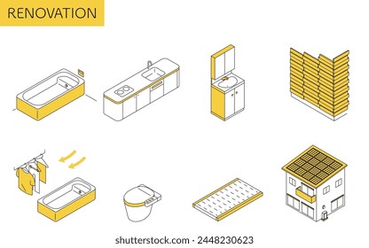 Simple isometric illustration of home remodeling, system bath, system kitchen, solar power generation, etc, Vector Illustration