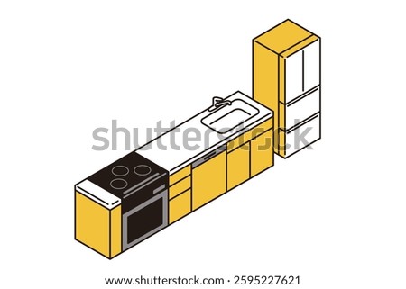 Simple isometric illustration of a kitchen with a refrigerator and a system kitchen