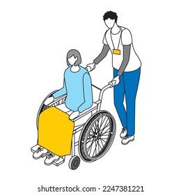 A simple isometric illustration of a male caregiver pushing a wheelchair on which a woman is riding.
