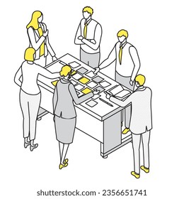 A simple isometric illustration of people brainstorming using sticky notes.