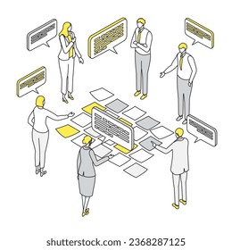 A simple isometric illustration of people brainstorming using sticky notes.