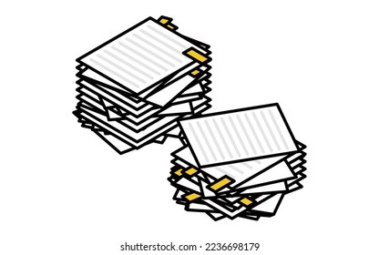 Simple isometric illustration of a pile of papers with sticky notes, image of overtime and analog work