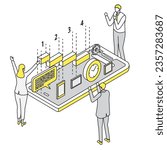 A simple isometric illustration of successful business people using a project management app.