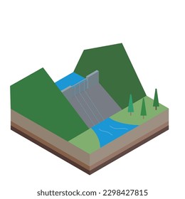 Es una simple ilustración isométrica que usa una represa para generar energía hidroeléctrica.