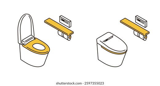 Simple isometric illustration of a toilet with an open seat cover and a toilet with a closed seat cover