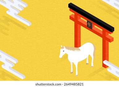 Simple isometric illustration of a white horse and a torii gate, Japanese New Year's card for the year 2026, the year of the horse - Translation: Happy New Year, thank you again this year horse