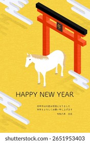 Simples ilustração isométrica de um cavalo branco e um portão torii, cartão de Ano Novo Japonês para o ano de 2026, o ano do cavalo - Tradução: Feliz Ano Novo, obrigado novamente este ano cavalo