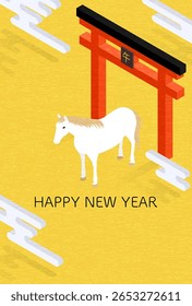 Simples ilustração isométrica de um cavalo branco e um portão torii, cartão de Ano Novo Japonês para o ano de 2026, o ano do cavalo - Tradução: Feliz Ano Novo, obrigado novamente este ano cavalo