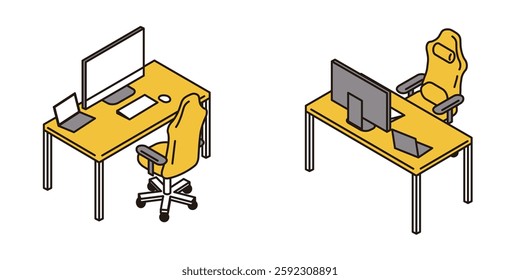 Simple isometric illustration of a work desk set seen from the front and back