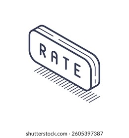 A simple isometric line icon depicts a rectangular button featuring the word rate prominently. Design emphasizes user interaction and feedback in digital environments