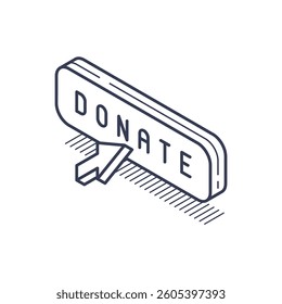 A simple isometric line icon depicts a rectangular button featuring the word Donate prominently. Design emphasizes user interaction and donation in digital environments