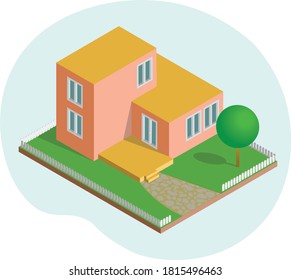 Einfaches isometrisches Orangenhaus. Kleines Haus mit Flachdach, Terrasse und kleiner Garten. Vektorgrafik.