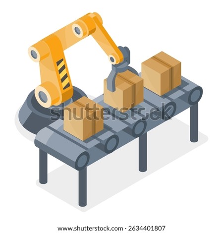 simple Isometric robotic arm operating on automated conveyor belt system handling cardboard boxes in modern industrial manufacturing process