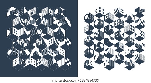 Simple Isometric Seamless Pattern. Line Geometric Abstract Background, Cube, 3d Box, Square and Hexagon Shape Grid. Architecture Graphic Design. Cover, Poster or Vintage Banner. Monochrome Vector