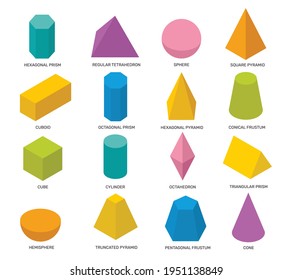 Simple isometric shapes. Multicolor isolated geometric elements, math objects for school studying and logo design. Cube, prism 3d vector set. Colorful abstract forms for learning geometry