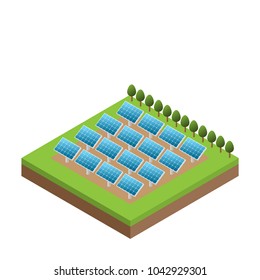 Simple isometric solar cell power plant isolated, white background